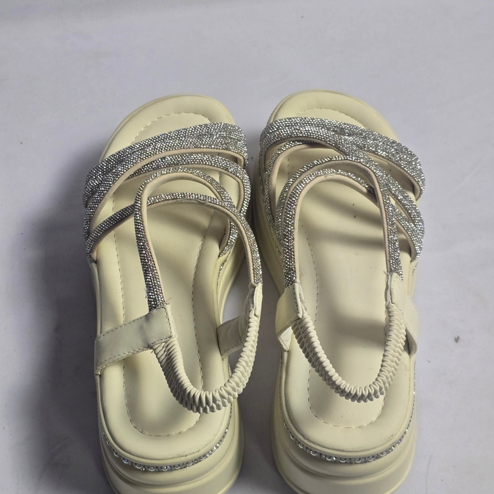 Rhinestone Embellished Platform Slingback Sandals Cream Off White Size 40 - Picture 2 of 10